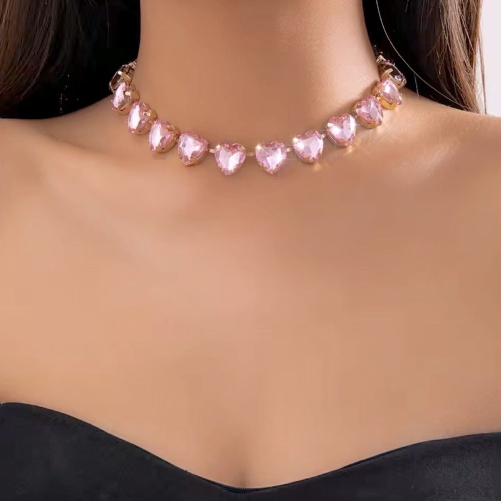 Pink Heart Crystal Choker Necklace Girly Fashion Jewelry